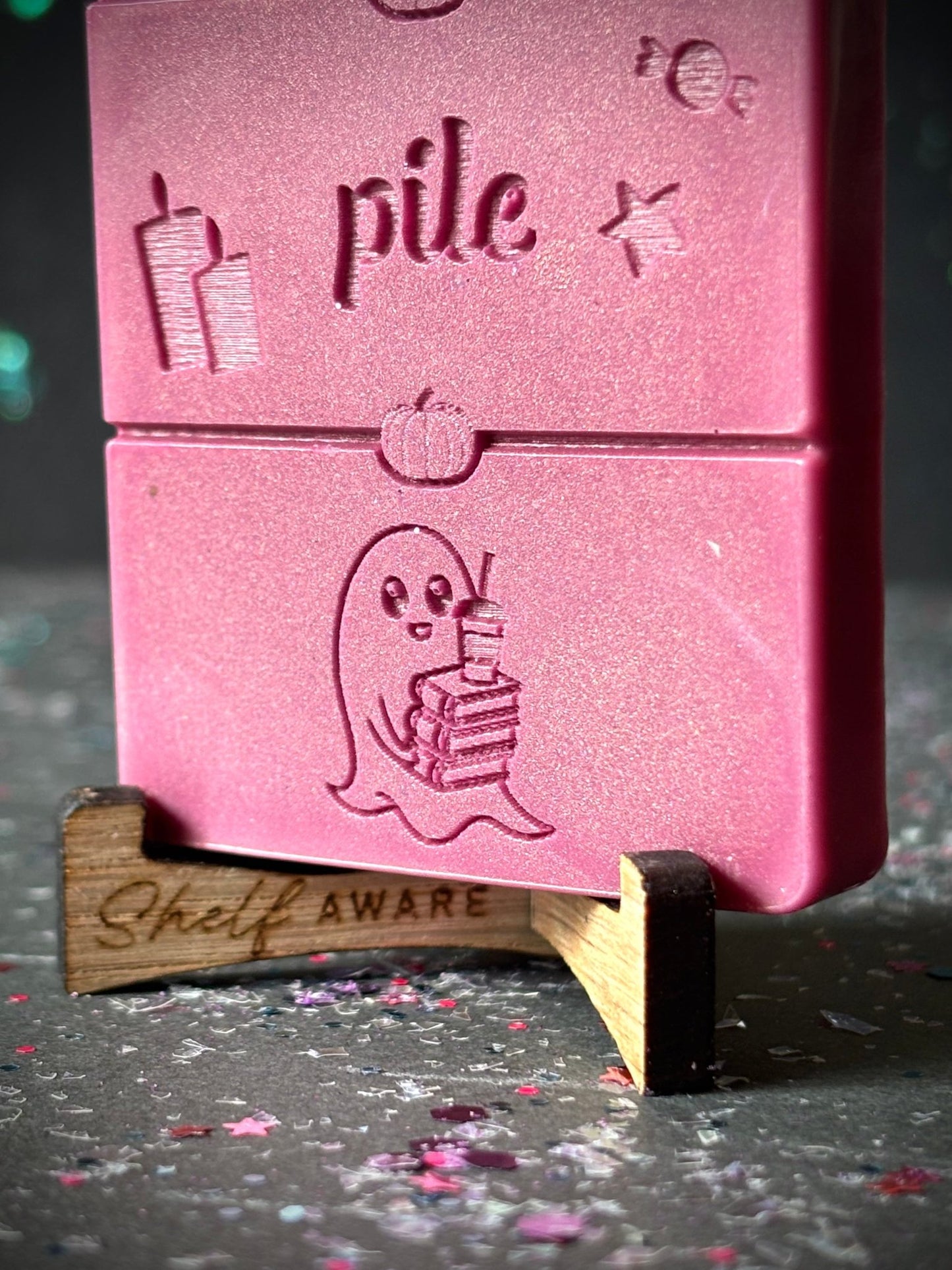 book lover gift- Haunted By My TBR Pile wax melt zoomed in