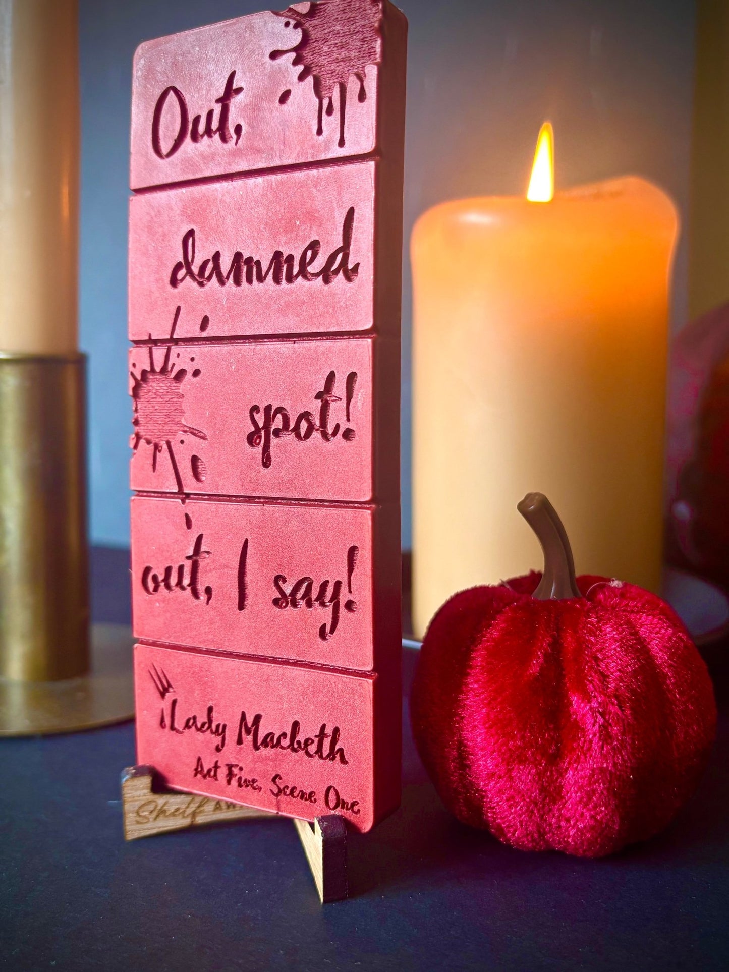 Out Damned Spot Lady Macbeth quote on a wax melt bar