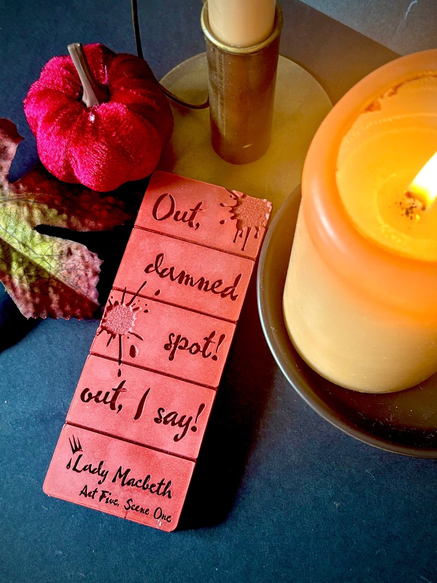 Out Damned Spot Lady Macbeth quote on a wax melt bar for shakespeare fans
