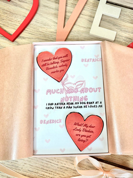 much ado about nothing wax melts for book lovers in a pink gift box. two wax melts with quotes on them from beatrice and benedick. gifts for classic book lovers and shakespeare.