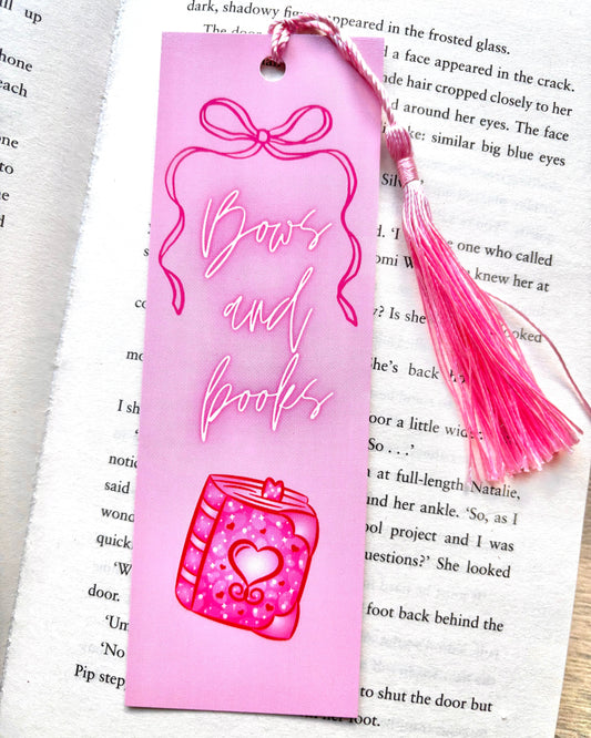 bows and books bookmark. book gifts that aren't books. pink bookmark.