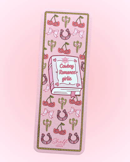 Cowboy Romance Girlie Bookmark on a pink background