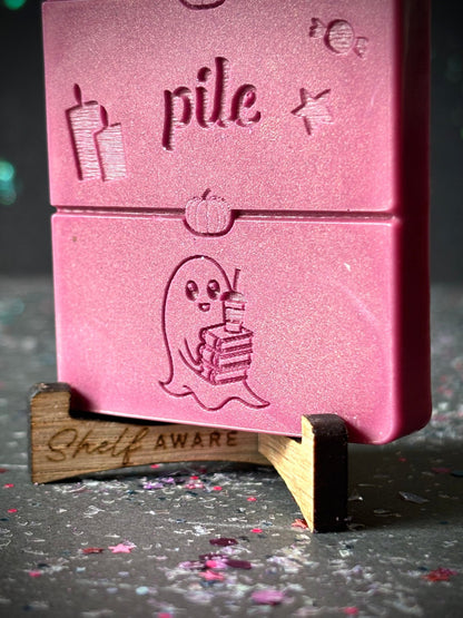 book lover gift- Haunted By My TBR Pile wax melt zoomed in