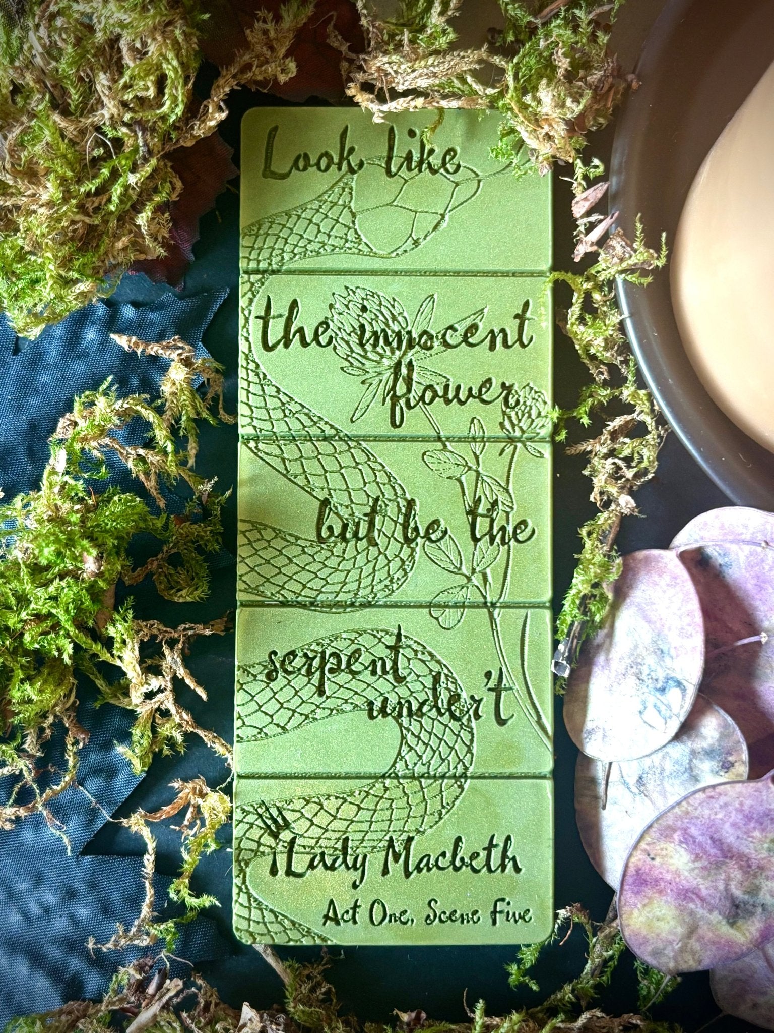 Look Like The Innocent Flower Lady Macbeth quote on a wax melt bar for a shakespeare gift