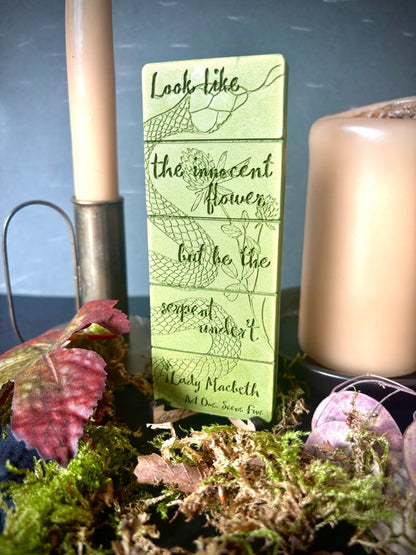 Look Like The Innocent Flower Lady Macbeth wax melt bar on a display stand