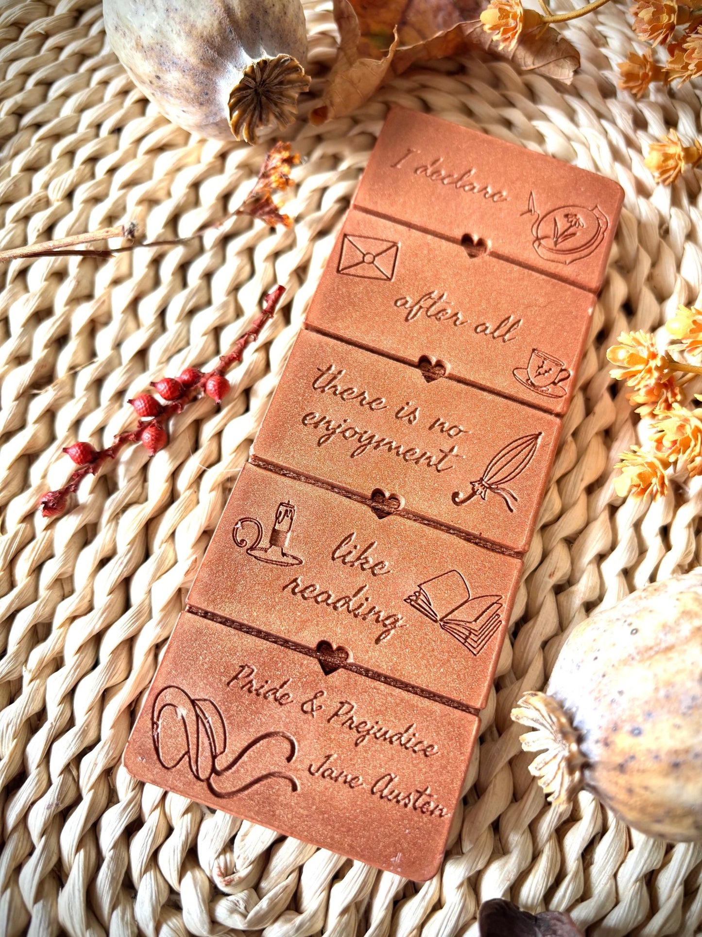 No Enjoyment Like Reading Pride and Prejudice quote on a wax melt bar -gift for book lover