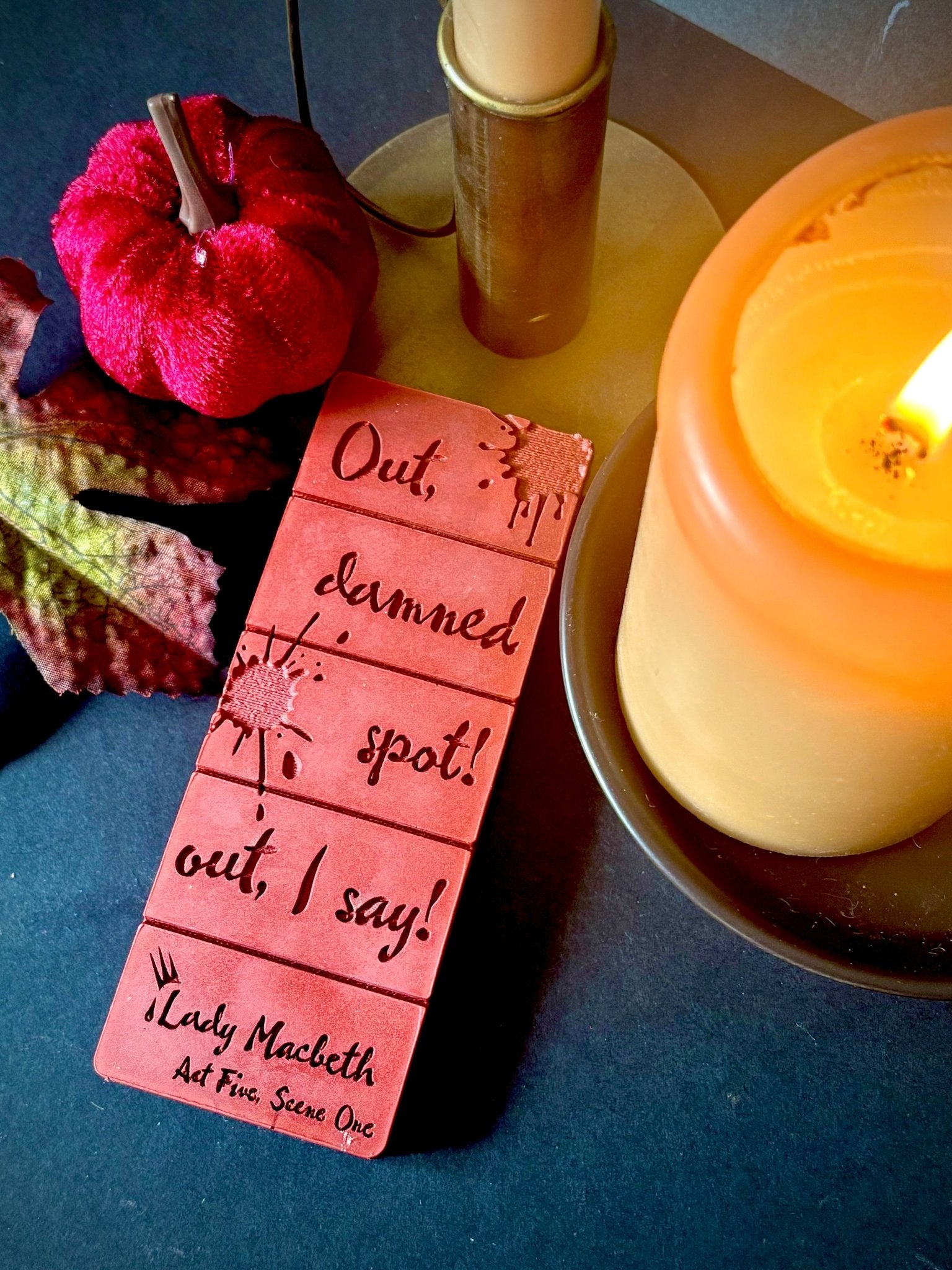 Out Damned Spot Lady Macbeth quote on a wax melt bar for shakespeare fans