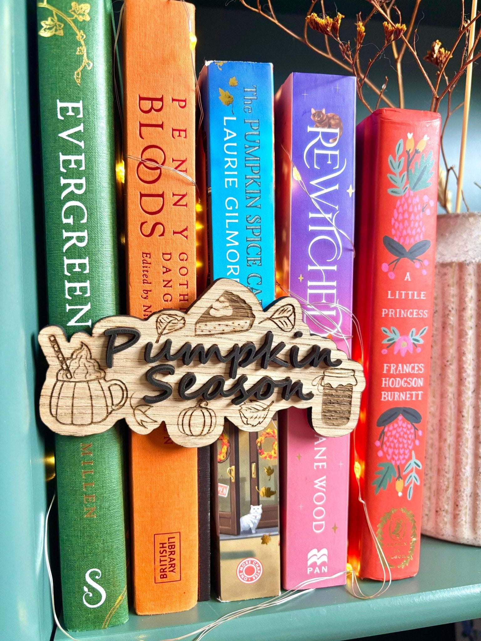 Pumpkin Season Bookshelf Genre Divider on display for book gifts