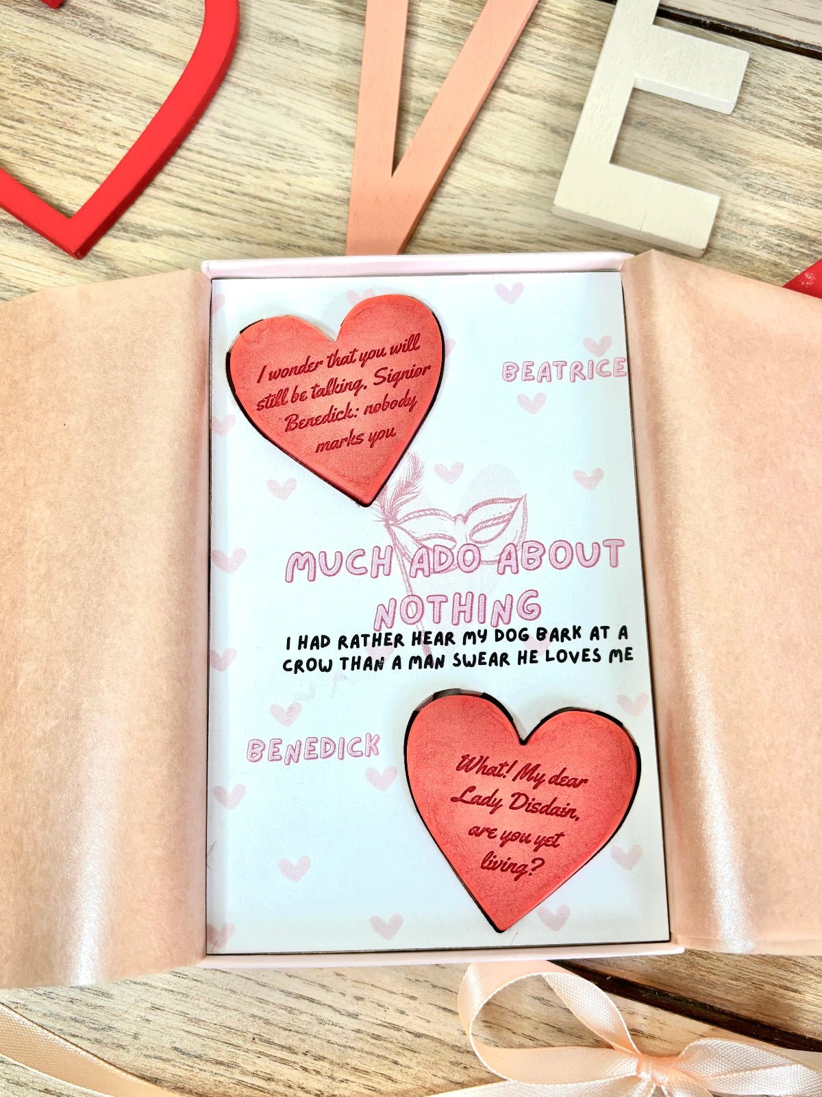 much ado about nothing wax melts for book lovers in a pink gift box. two wax melts with quotes on them from beatrice and benedick. gifts for classic book lovers and shakespeare. 